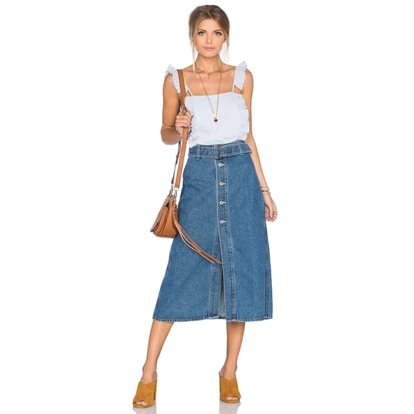 Tularosa Blue Denim Midi Jean Skirt w/ Belt Sz 26 - Picture 2 of 8